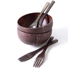 Load image into Gallery viewer, Natural Superior Coconut Bowl Spoons Forks Set 100% Hand-Made Eco Friendly Polished With Coconut Oil Biodegradable Bowl No Waste