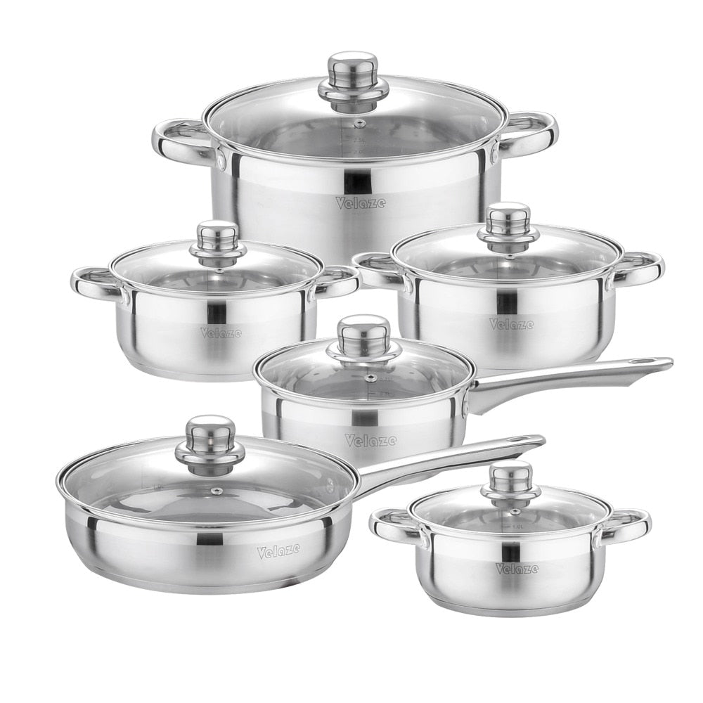 Velaze Cookware Set 12-Piece Kitchen Stainless Steel Cooking Pot & Pan Sets,Induction Safe,Saucepan,Casserole,pan with Glass lid