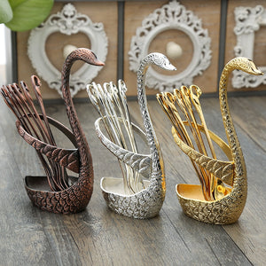 7 Pcs Swan Fruit Base Holder Forks Set Stainless Steel Salad Dessert Forks Coffee Spoon Cake Tableware Zero Waste Flatware