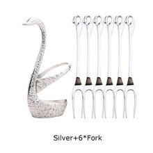 Load image into Gallery viewer, 7 Pcs Swan Fruit Base Holder Forks Set Stainless Steel Salad Dessert Forks Coffee Spoon Cake Tableware Zero Waste Flatware
