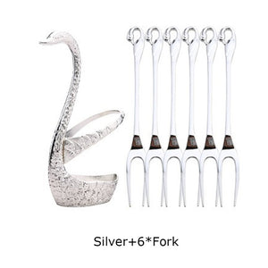 7 Pcs Swan Fruit Base Holder Forks Set Stainless Steel Salad Dessert Forks Coffee Spoon Cake Tableware Zero Waste Flatware