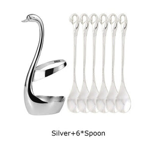 7 Pcs Swan Fruit Base Holder Forks Set Stainless Steel Salad Dessert Forks Coffee Spoon Cake Tableware Zero Waste Flatware