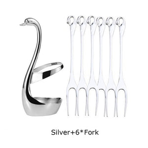 7 Pcs Swan Fruit Base Holder Forks Set Stainless Steel Salad Dessert Forks Coffee Spoon Cake Tableware Zero Waste Flatware