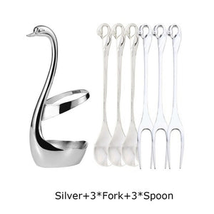 7 Pcs Swan Fruit Base Holder Forks Set Stainless Steel Salad Dessert Forks Coffee Spoon Cake Tableware Zero Waste Flatware