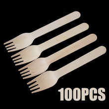 Load image into Gallery viewer, 100Pcs Wooden Disposable Cutlery Forks Spoons Party Dessert Utensils Tableware Wooden Fork Flatware Wood Cutlery Pitchfork
