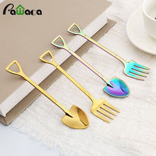 Load image into Gallery viewer, 2 Pcs Kitchen Stainless Steel Dessert Shovel Spoon and Fork Picnic Travel Creative Cute Design Ice Cream Spoon Fruit Fork Set
