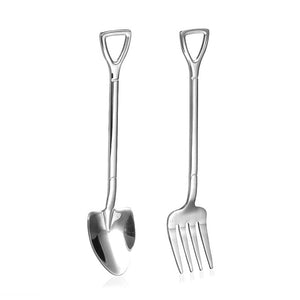 2 Pcs Kitchen Stainless Steel Dessert Shovel Spoon and Fork Picnic Travel Creative Cute Design Ice Cream Spoon Fruit Fork Set