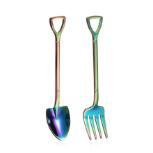 Load image into Gallery viewer, 2 Pcs Kitchen Stainless Steel Dessert Shovel Spoon and Fork Picnic Travel Creative Cute Design Ice Cream Spoon Fruit Fork Set
