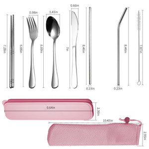 9pcs/6pcs Stainless Steel Cutlery Set Silverware with Metal Straw Chopsticks Storage Case and Bag Spoon Set