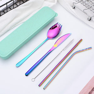 9pcs/6pcs Stainless Steel Cutlery Set Silverware with Metal Straw Chopsticks Storage Case and Bag Spoon Set